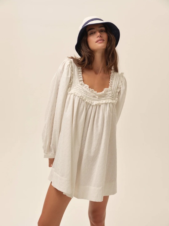 For Love And Lemons Dresses & Skirts - For Love & Lemons Susie Eyelet Lace Babydoll Long Sleeve Mini Dress White